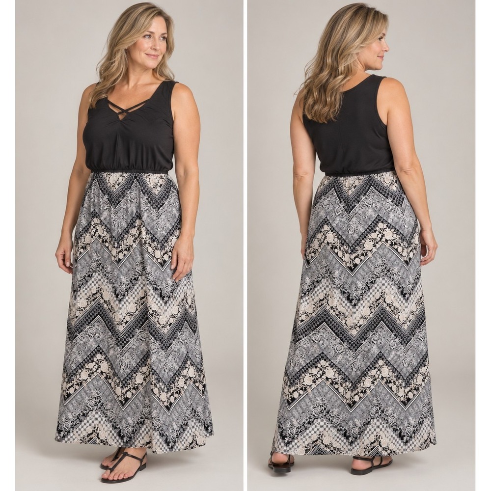Trixxi Womens Small Maxi Dress Black White Floral Chevron Sleeveless Stretch...